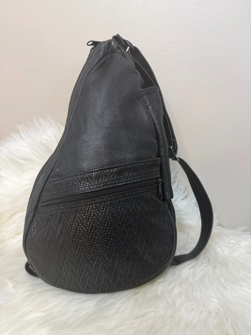 Black Textured Leather Sling Backpack for Men
